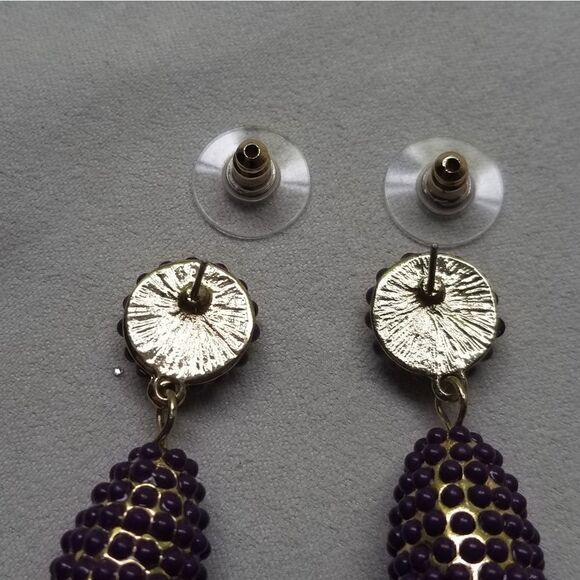 Plum Purple Beaded Tassel Statement Post Earrings in Goldtone like Baublebar - Picture 3 of 5
